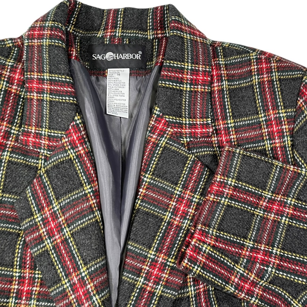 Sag Harbor 16 Grey Red Plaid Wool Blend Blazer Jacket Dark Academia Preppy